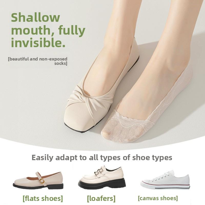 5 Pairs of Women's Summer Thin Wicking Cotton Bottom Invisible Shallow Mouth Non Slip Lace Boat Socks