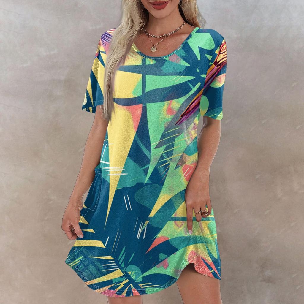 Women's Casual Fashion V-Neck Short Sleeve Hawaiian Print Pocket Dress