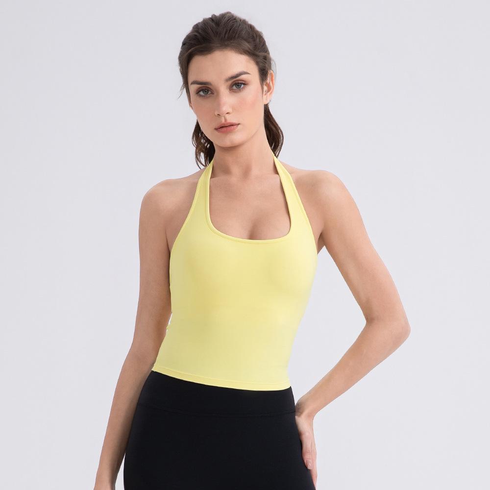 Damski Top Sportowy do Jogi z Dekoltem na Szyi i Wkładkami - Nude, Seksowny Tył Styl 52167