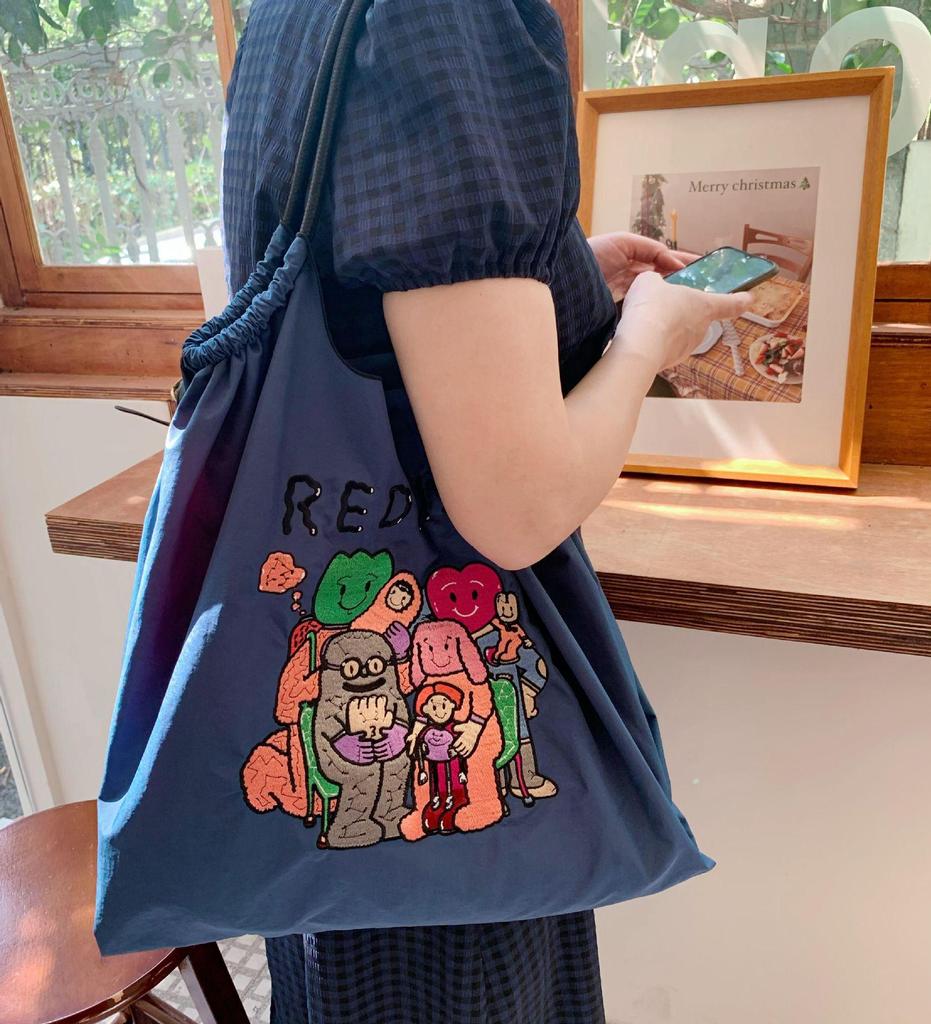 Trendige blaue bestickte Bucket Bag - Vielseitige Handtasche aus Oxford-Gewebe mit großem Fassungsvermögen