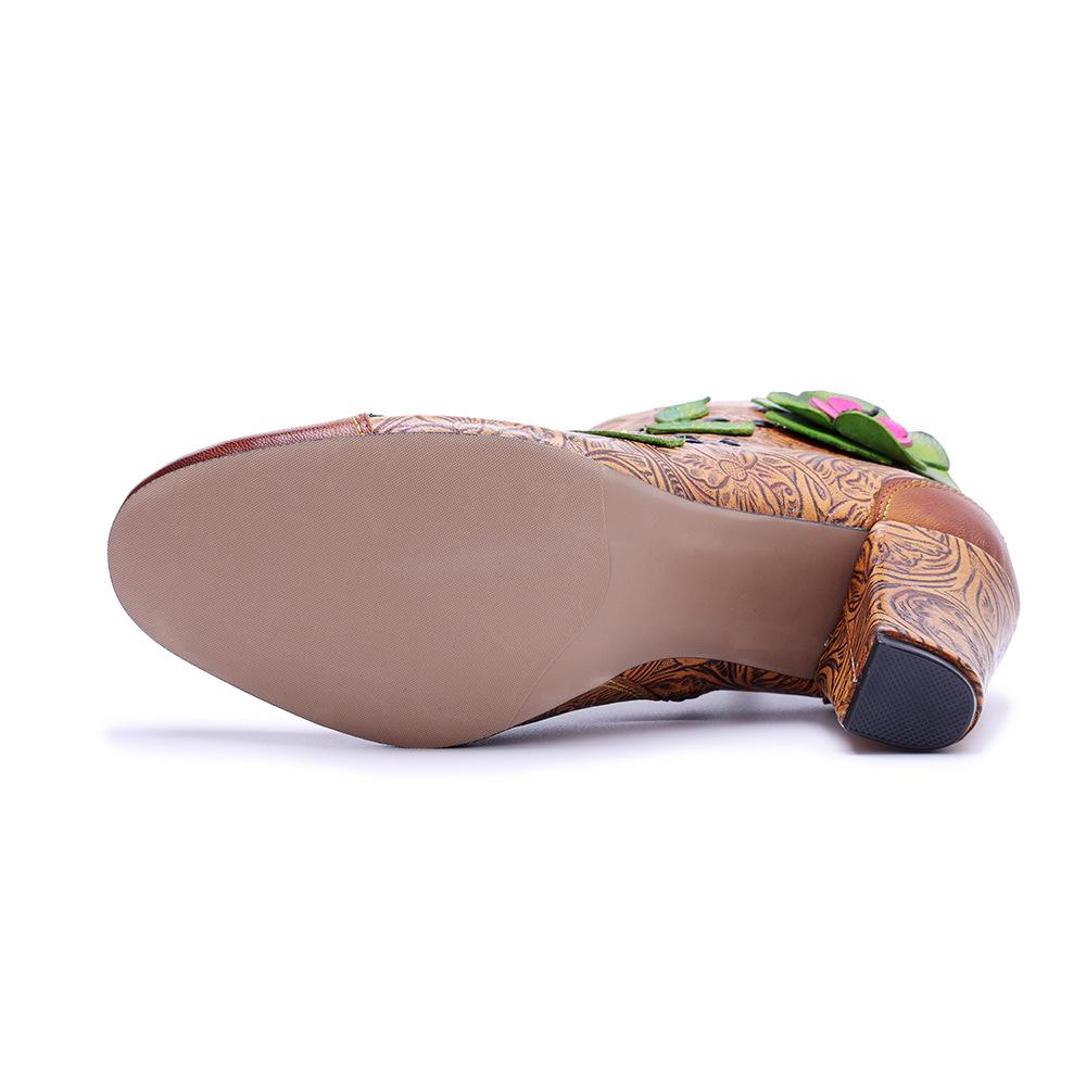 Johnature Genuine Leather Printed High-heeled Short Boots Vintage Flower Thick Heel Side Zipper Women's Boots