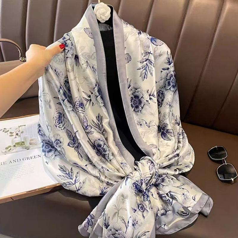New Style Spring Summer Women Big Flower Print Scarf Ladies Popular Beach Silk Satin Shawl Fashion Headcloth