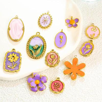 French Drip Flower Oil Painting Pendant Necklace & Heart Earring Charms In Stainless Steel - DIY Titanium Jewelry Accessories for Women
