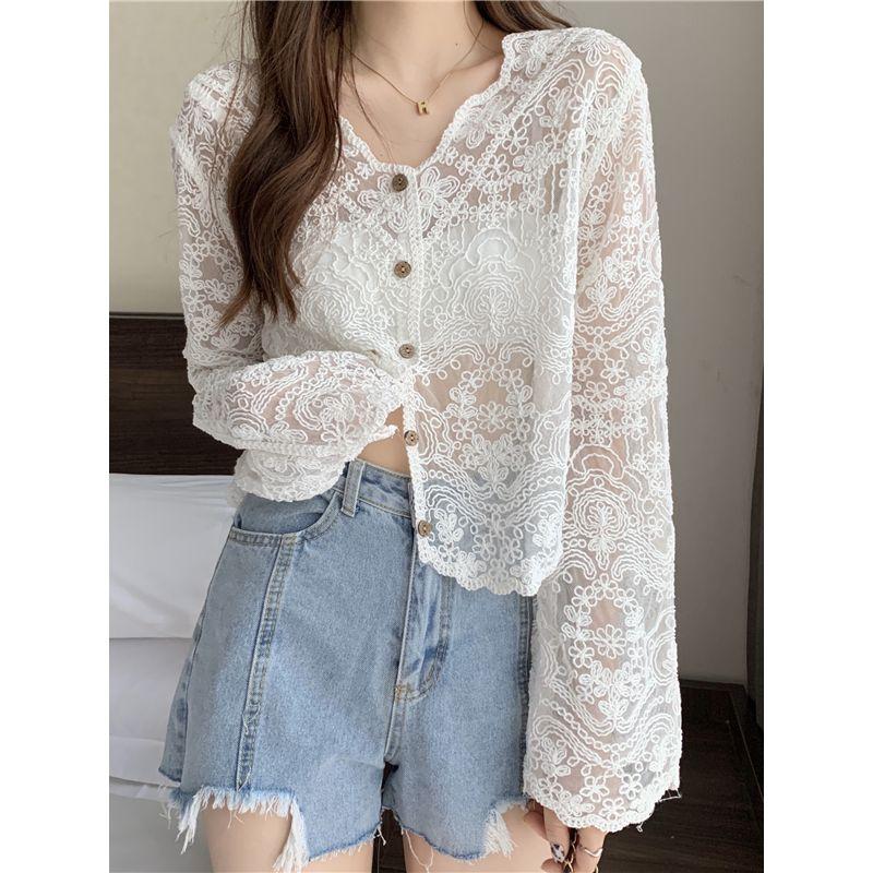 K-style Spring/Summer New Arrival V-neck Single Breasted White See-through Super Fairy Sun Protection Clothing Thin Blouse Lace Shirt Shawl for Women