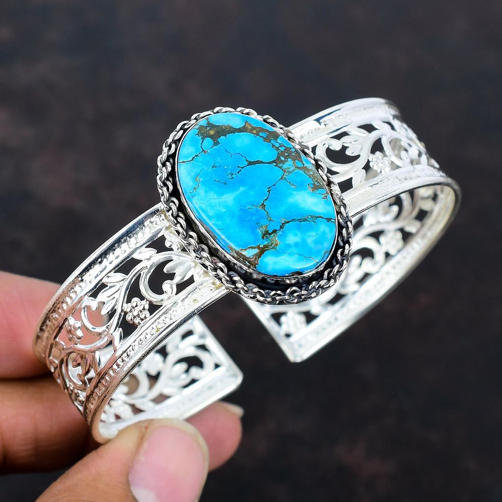 Tibetan Turquoise Bangle Genuine Gemstone Jewelry 925 Sterling Silver Cuff Bracelet Adjustable Bangle Handmade Boho Jewelry Anniversary Gift