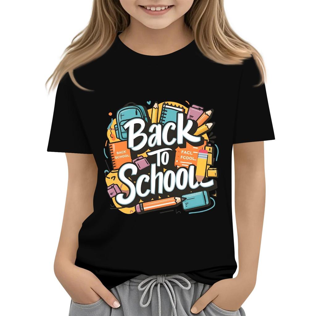 Children's Casual and Fashionable Round-Neck Printed Short-Sleeve Top for Back-to-School