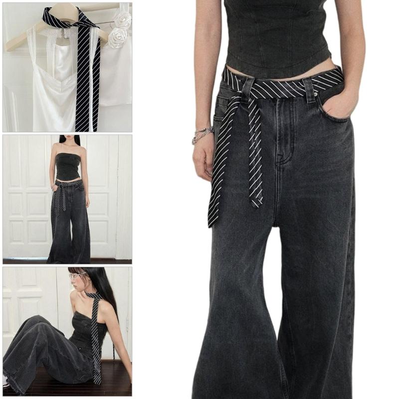 2000s Striped Skinny Necktie Classical Narrow Design Multiuse Tie Waistband Nylon Fashion Accessory For Women Men Unisex