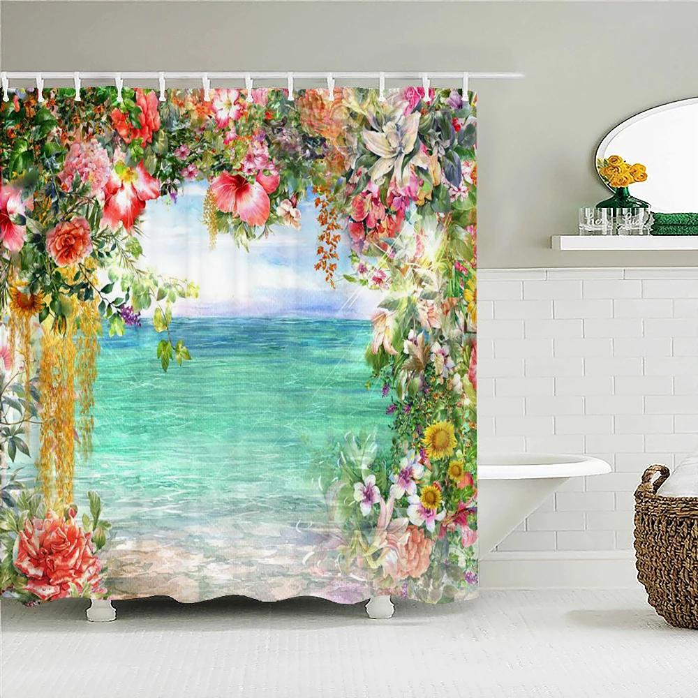 Romantic Retro Blooming Flowers Shower Curtain Garden Bath Curtains Waterproof Polyester Bathroom Shower Curtains Set with Hooks