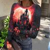 Women's Casual Fashion Long Sleeve Ribbed Top Halloween Print Round Neck Slim Fit Stretchy Knit Shirt
