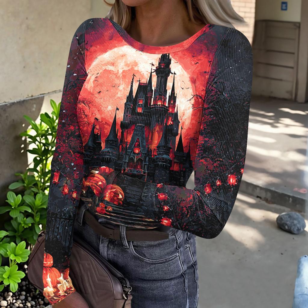 Women's Casual Fashion Long Sleeve Ribbed Top Halloween Print Round Neck Slim Fit Stretchy Knit Shirt