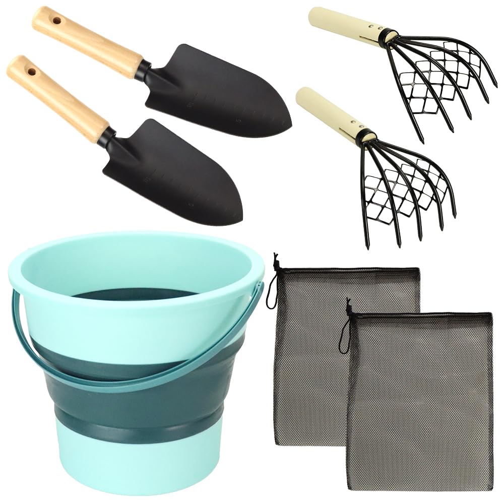 Family Clam Digging Set: Clam Digging Kit (for catching clams/hard clams/mussels), Foldable Bucket, Net Bag (Green)