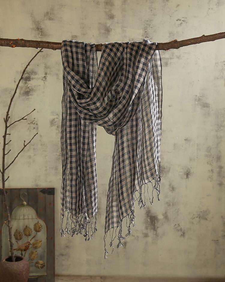 Pure Rain And Dew Linen Primary Color Navy Blue Small Checkered Scarf, Literary And Versatile Scarf