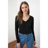 Black 100% Cotton Regular/normal Fit Basic V-neck Long Sleeve Knitted T-shirt Twoaw21ts0099