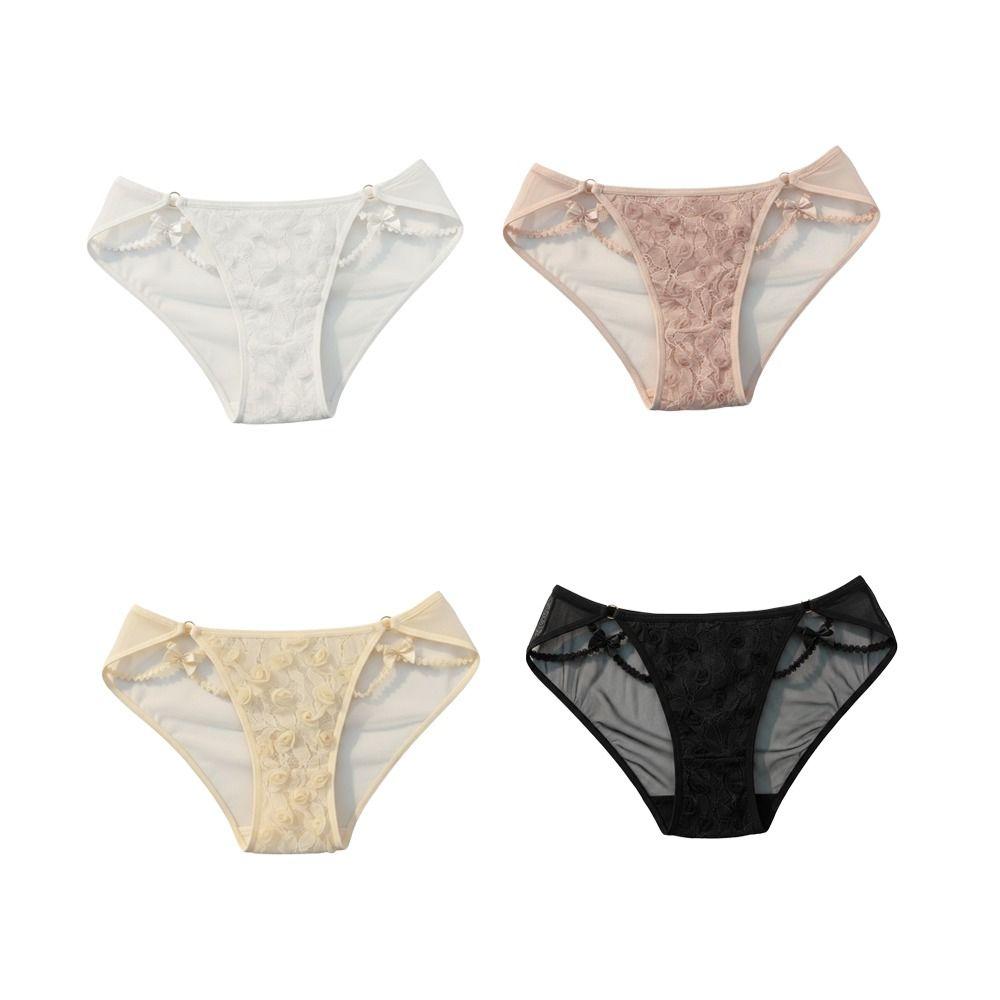 Fashion Low Waist Lace Briefs Hollow Transparent Women Underwear Cotton Crotch Mesh Bow Lace Panties Girl