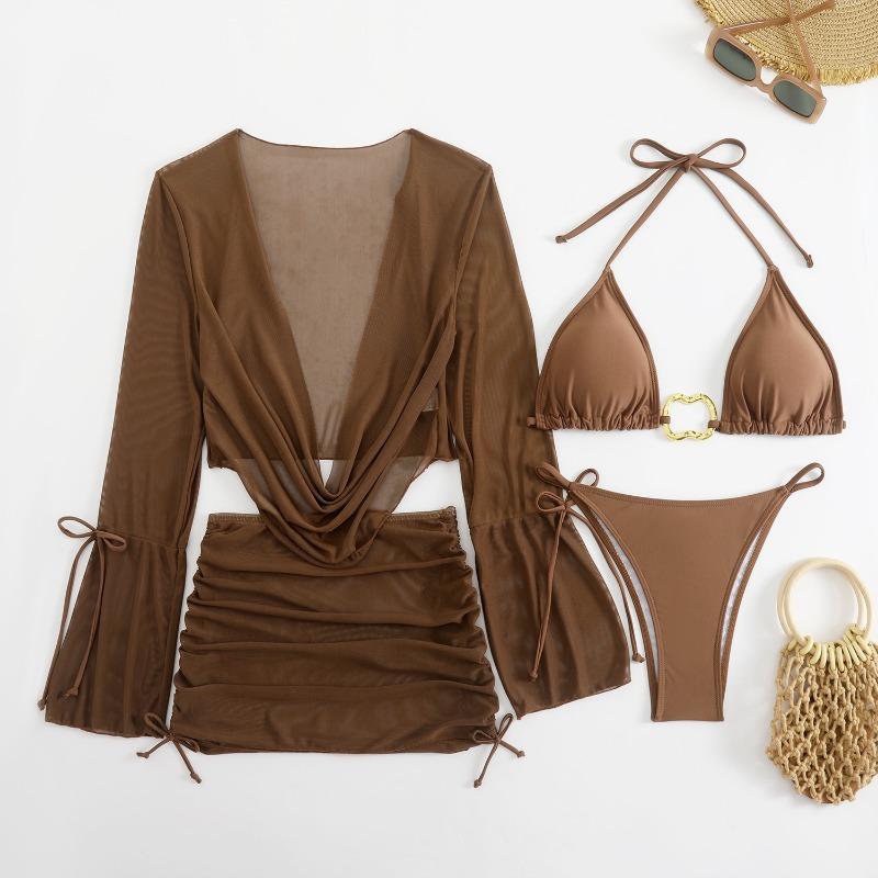 Women's Sexy White Halter Bikini with Gold Ring & Sheer Cover Up