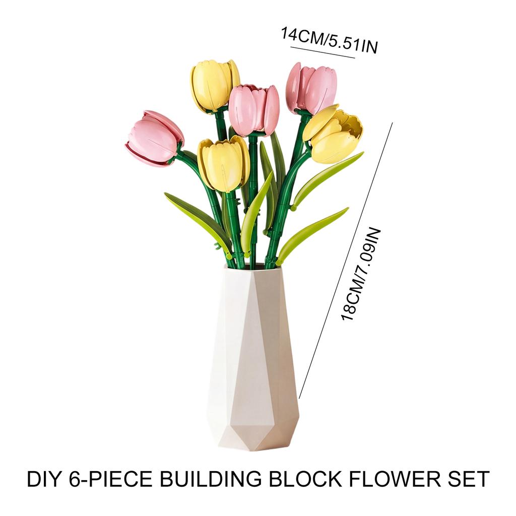 6 Piece Tulip Flower Bouquet Building Blocks Set with Vase Home Room Decor Tulip Blocks 186pcs Mother's Day