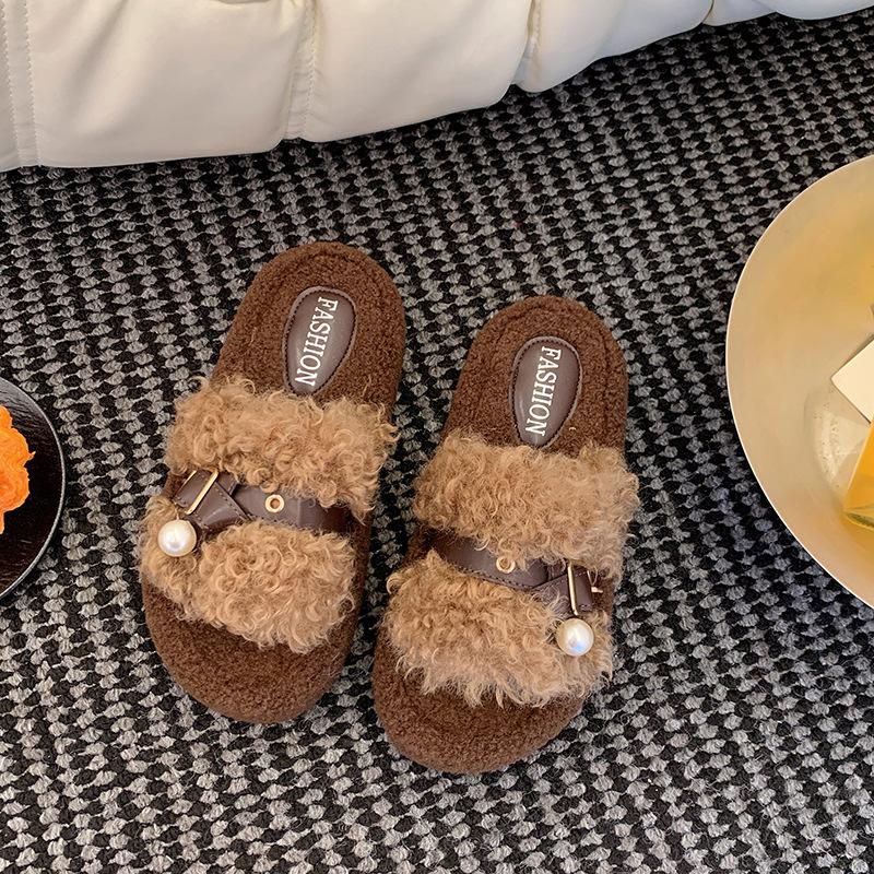 Retro color fluffy slippers outer wear women's autumn and winter new one-pedal lazy shoes women's platform slippers