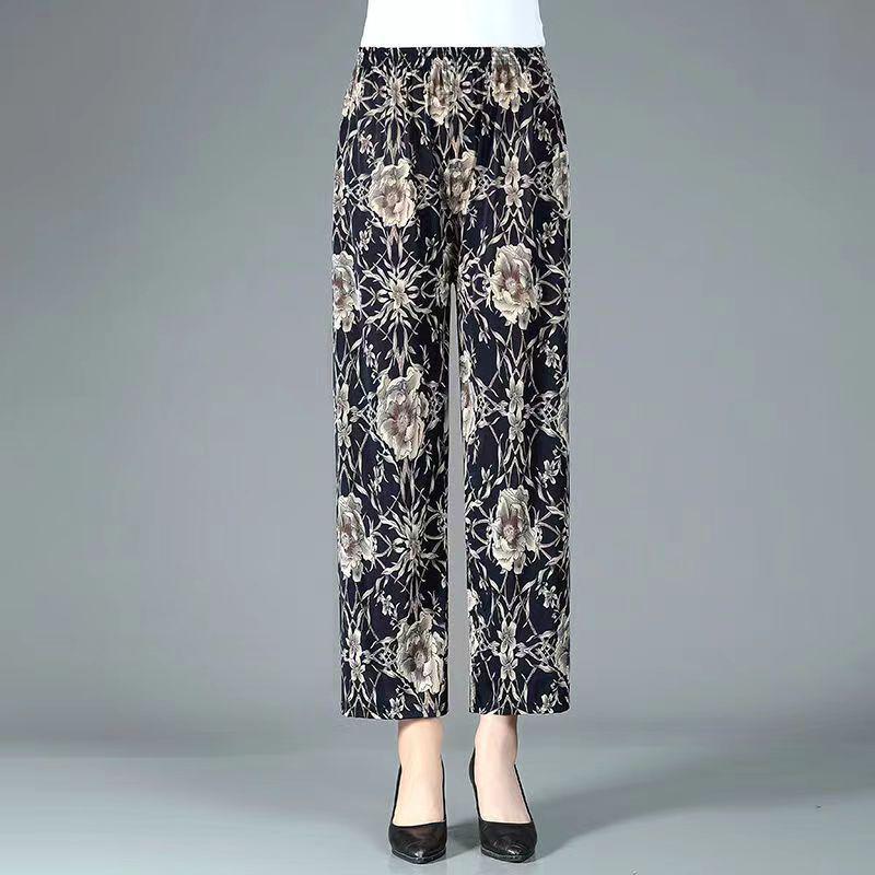 Chinese Summer Ice Silk High-Waist Floral Pants: Casual, Loose-Fit for Middle-Aged & Elderly Women