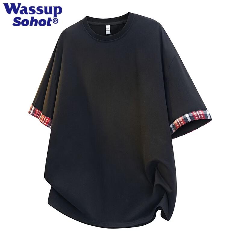 Wassup Sohot Men s Plaid Patchwork Short Sleeve T-Shirt S