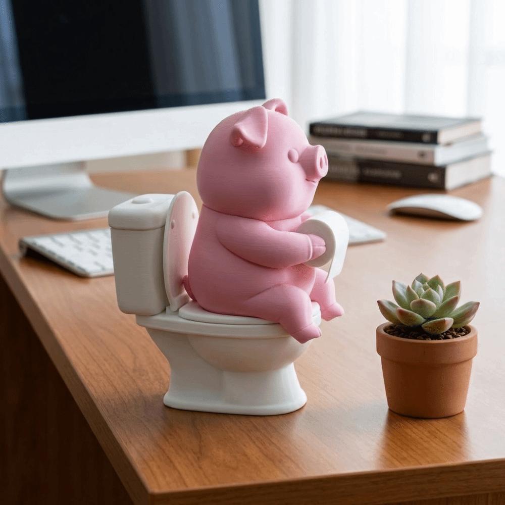 Cartoon Pig Figurine 3D Printed Pig Sitting On Toilet Cute Pig Desktop Ornaments Home Office