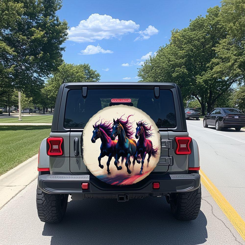 Colorful Galloping Horse Printed Tire Covers - Made Of High-Quality Polyester Fiber, Featuring A Dynamic And Vibrant Design, The