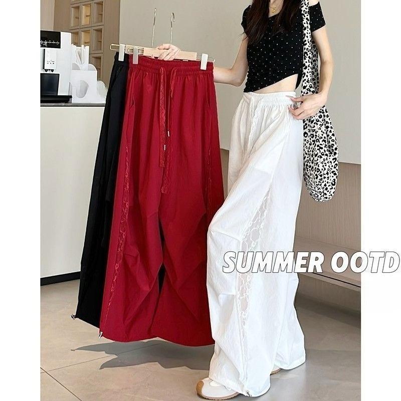 Summer Women Lace Cargo Pants High Waist Hollow Out Design Loose Fit Wide Leg Trousers