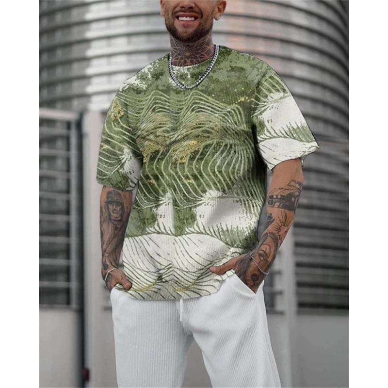 Tricou de vară pentru bărbați retro negru alb cu model geometric cu linii cubice, cu imprimeu mare, mânecă scurtă, top casual