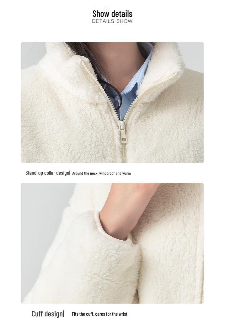 Women's Gray Double-Sided Fleece Hoodie Jacket, Plus Velvet, Thickened, Windproof Stand Collar, Long Sleeve, Warm Outerwear for Autumn/Winter