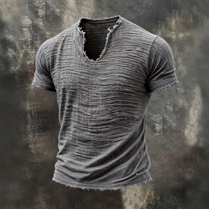 2026 Solid-color Men's Retro Cotton-Linen Mustache Edge Special V-Neck Short-Sleeve T-Shirt