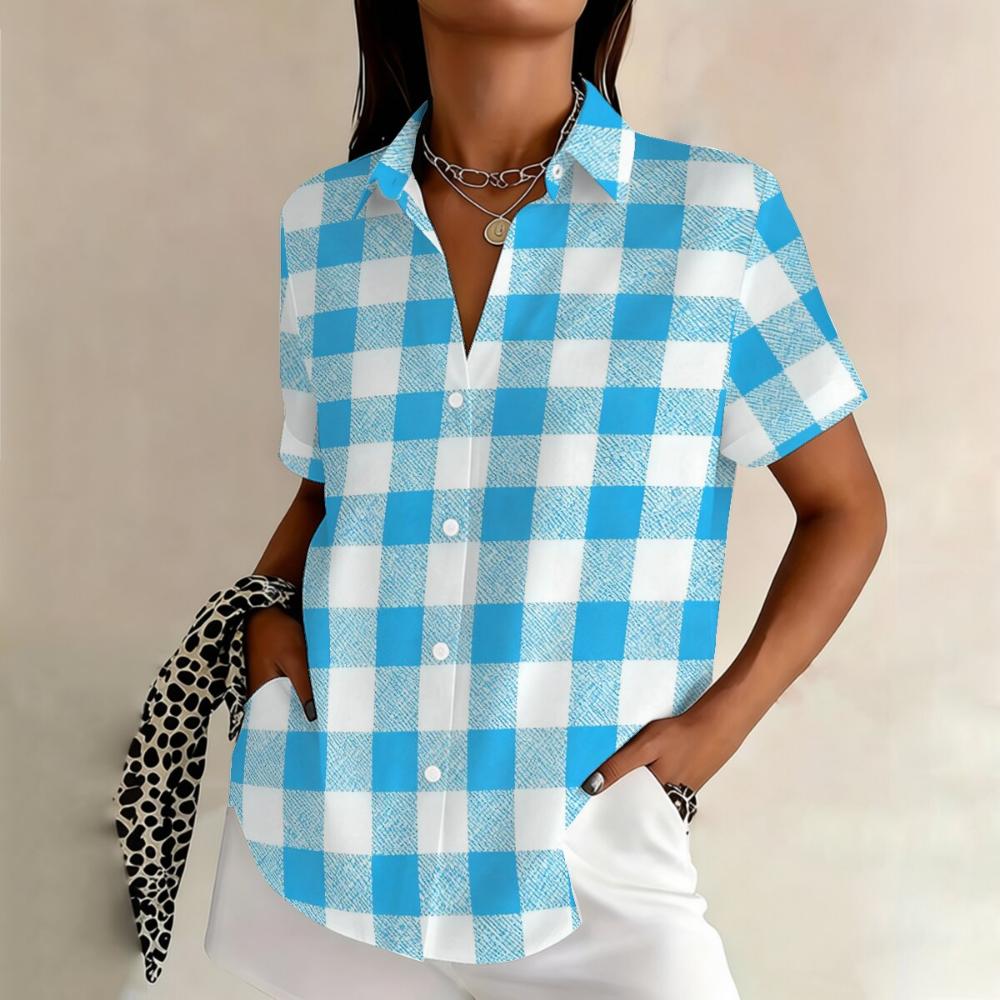 Minimally personalized mixed dye line printed women's short sleeved lapel shirt, summer fashion daily versatile casual top