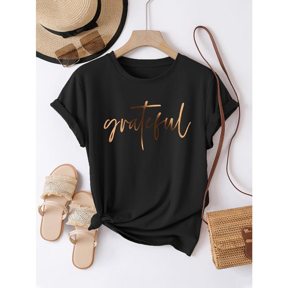 Grateful Rose Gold Script Women's Tee Minimalist Gratitude Graphic Casual Everyday Top