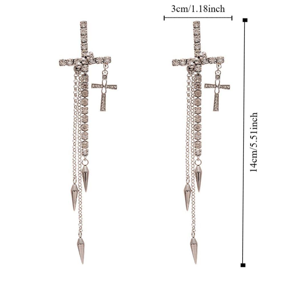 Inlaid Rhinestones Long Tassels Dangle Earrings Fashion Ear Stud Personality Cross Earrings  Women