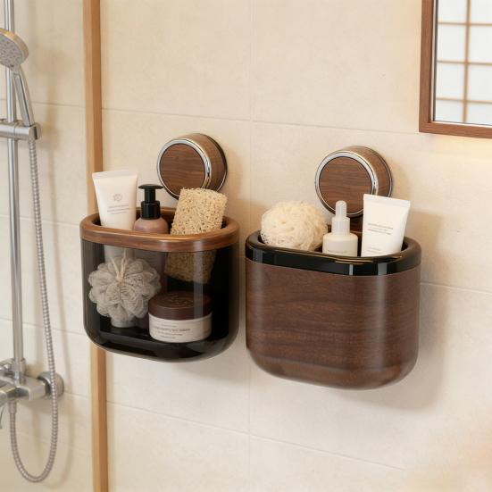 Storage Bucket Wall Mounted Suction Cup Design Large Capacity Wastebasket with Wood Grain Appearance Organizer for Bathroom