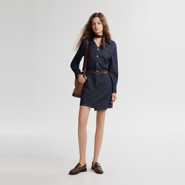 ELLE French Elegant Commuter Style Irregular Denim Skirt Vintage Lace-Up Long Sleeve Dress Women dresses Dark-Blue EL49300