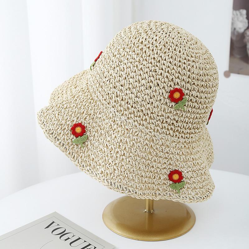 

Women s Korean Style Straw Bucket Hat Floral Adjustable Sun Protection Sun Hat, Breathable Foldable Beach Hat for Summer Outdoor 56-58cm