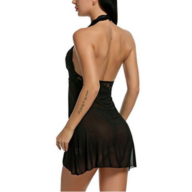 Alluring Women Sexy Lingerie Dress Baby Doll Halter Lace Patchwork Sleepwear Nightwear