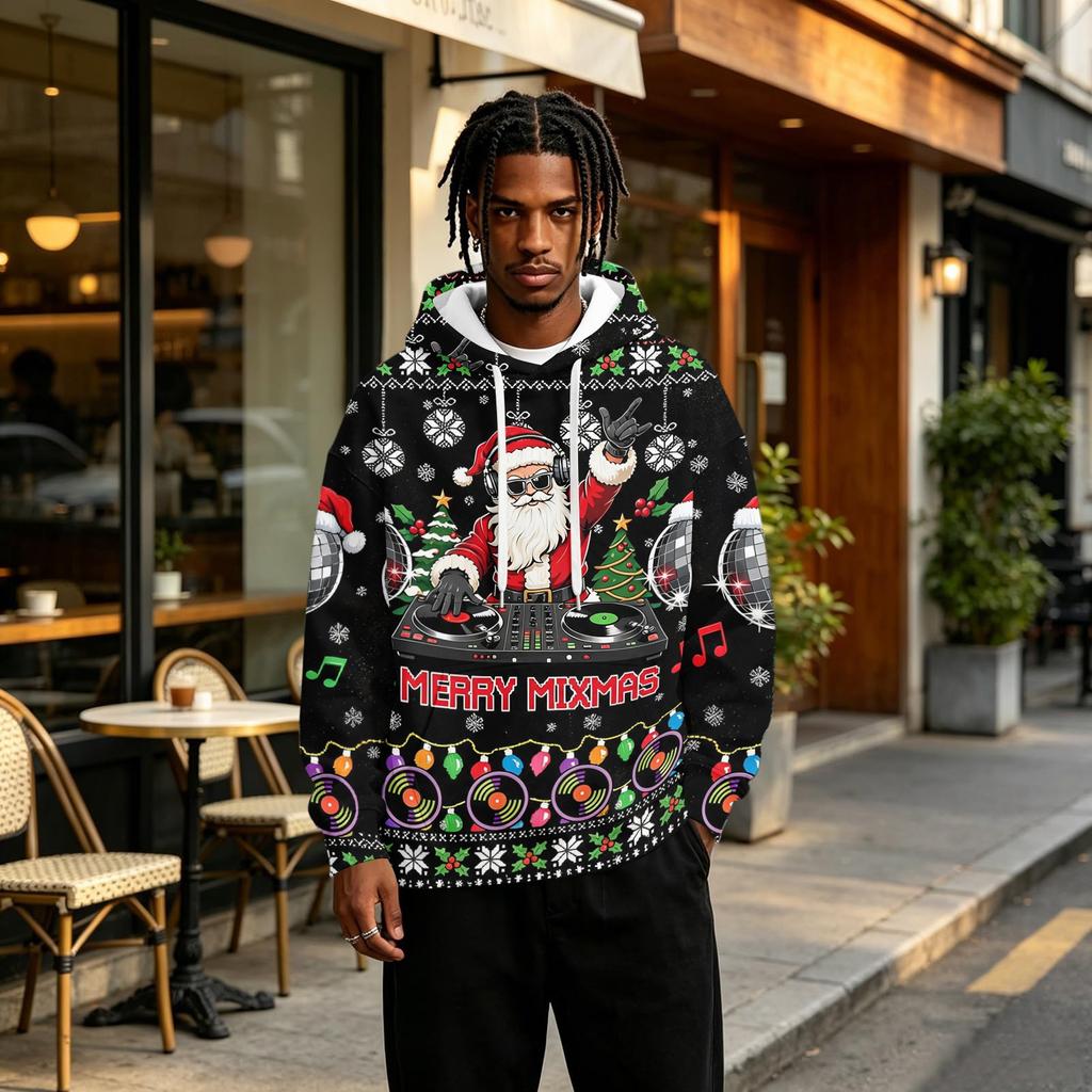 Men's Christmas Print Hoodie with Pocket for Casual Athletic Wear