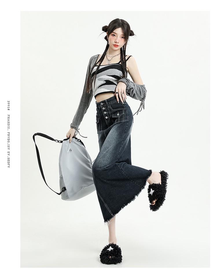 2023 Frühling Damen Retro Denim Ausgefranst Hohe Taille A-Linie Midi-Rock