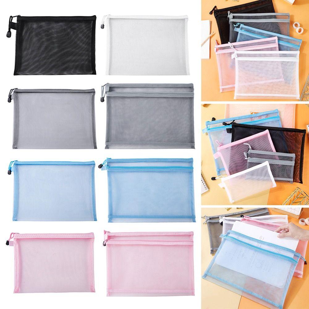 Paper Organizer Zipper Pencil Case Large Capacity Transparent Mesh File Folder Double Pocket