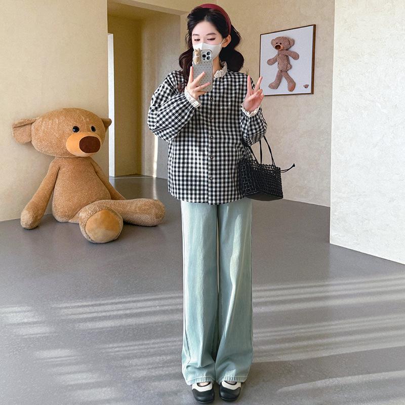 2026 Spring Korean Plaid Maternity Top - Round Neck, Loose Fit M