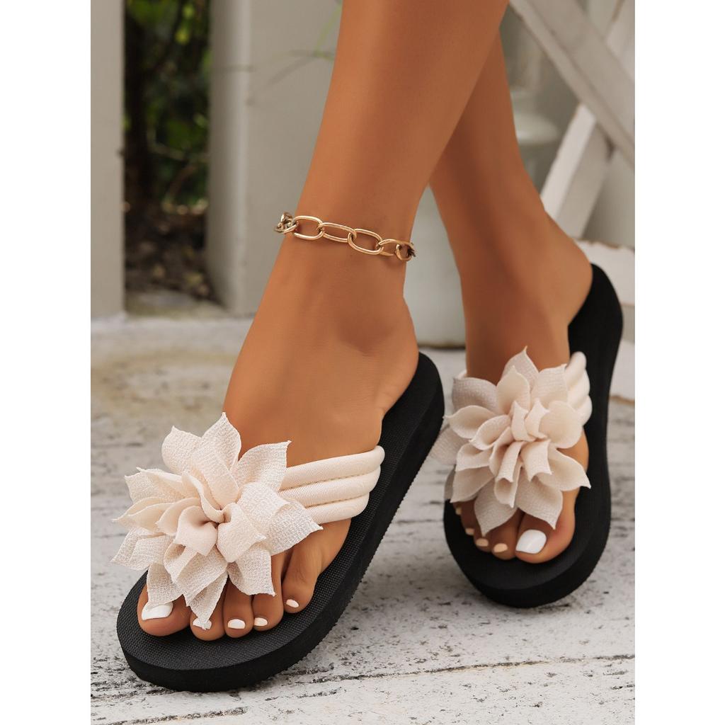 Flip Flops Ladies Floral Comfortable Summer Slide Sandals With 3d Lotus Design Soft Fabric Upper And Eva Sole All Season Casual Beach Wear