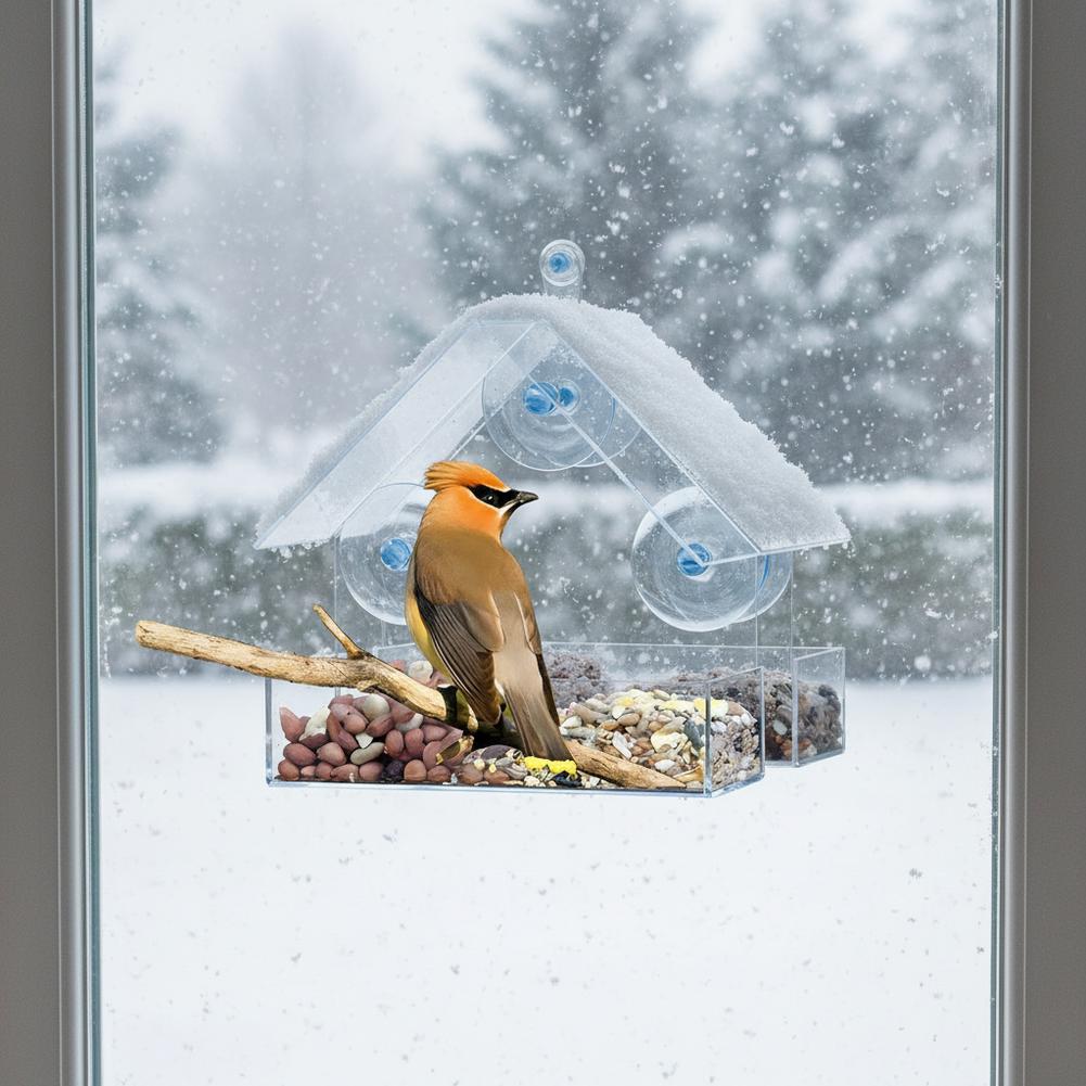 Transparent Bird Feeder Outdoor Outside Hanging Bird Feeder House with Suction Cup Sliding Automatic Birds Feed Tray for Garde