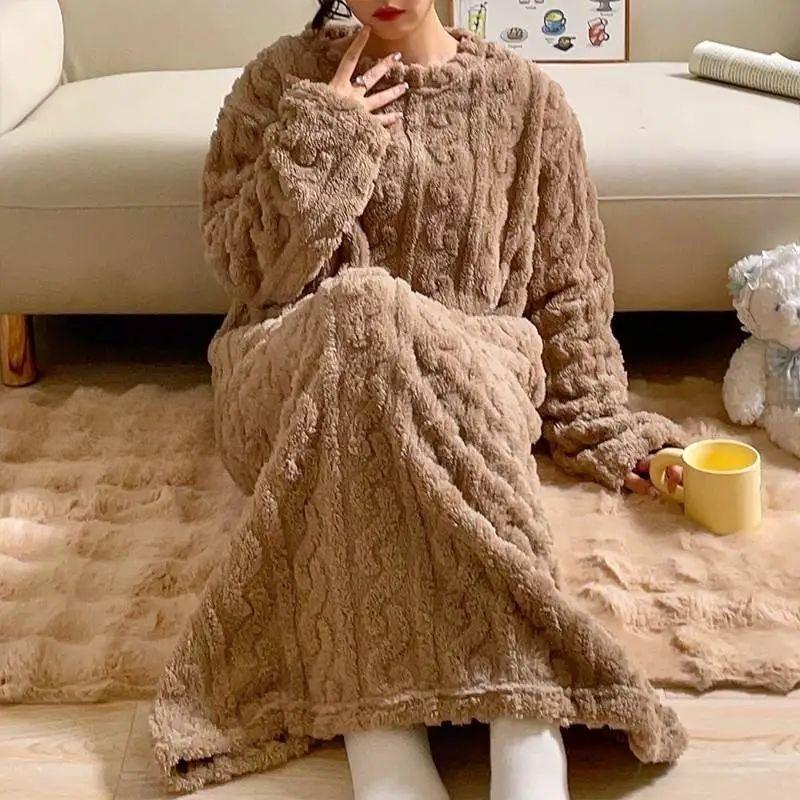Long Warm Nightgown For Tall Women Autumn Winter Cold Resistant Cute Full Length Long Sleeve Loose Thermal Bath Robe Dress