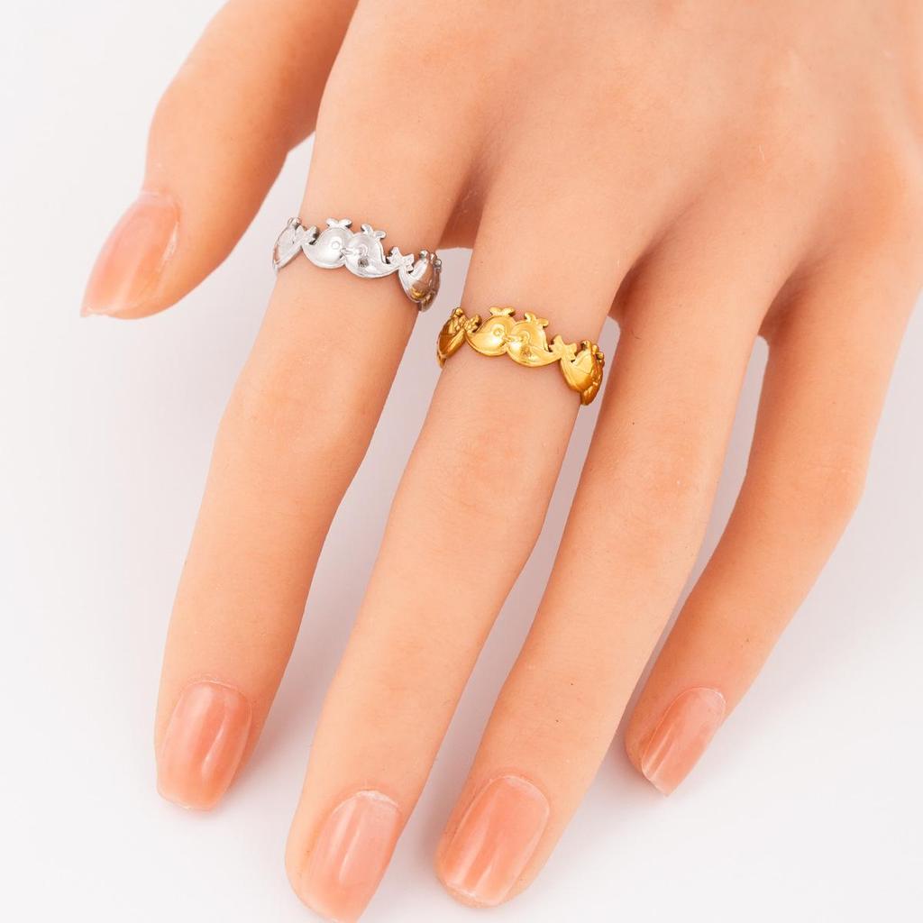 Dolphin Titanium Non-fading Openable Adjustable Stainless Steel Ring with 18K Gold Plating