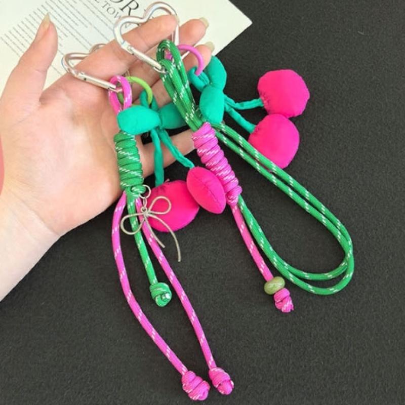 Fabric Cherry Detachable Heart-Shaped Beaded Keychain Mobile Phone Chain Anti-Loss Lanyard