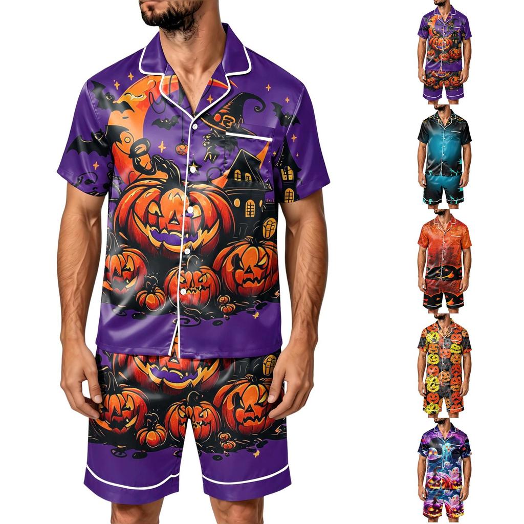 Men's Halloween Print Satin Pajama Set - Short Sleeve Tee and Shorts with Pockets, Loose Fit Sleepwear for Home