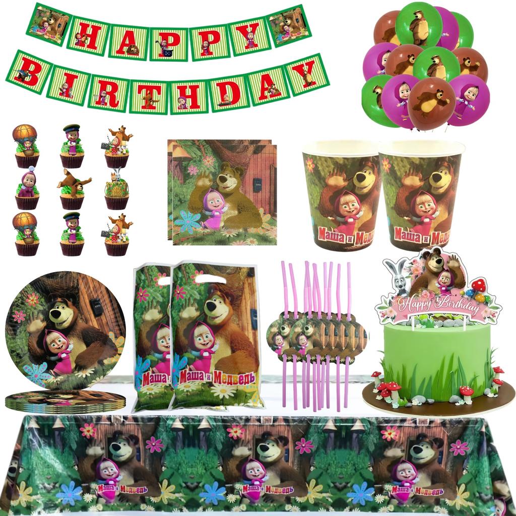 Dívka a medvěd Narozeninová sada Party dekorace Narozeninové talíře Ubrus Ubrousky Dárková taška Oslava pro miminko Party drobnosti Potřeby