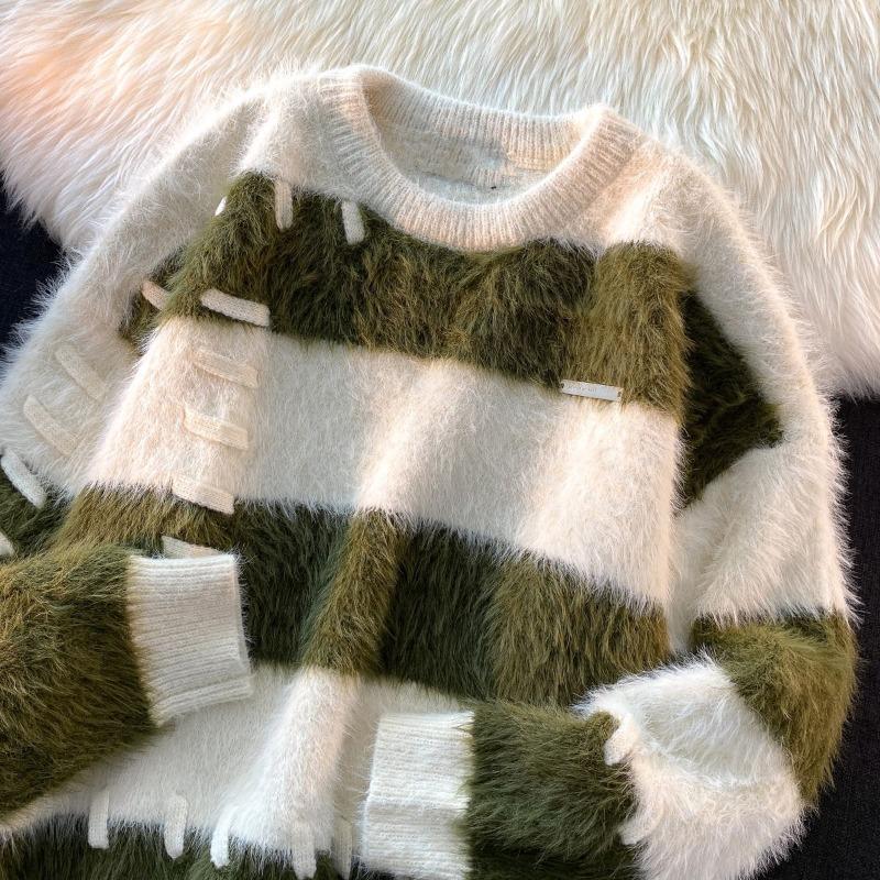 Pulovr Stripe Design Sense Svetr s kulatým výstřihem Ženy Korejská menšina Měkký lepkavý Líný pletený top svetr s dlouhým rukávem Žena