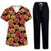 Women's Costume Set Short Sleeve Halloween Print Pocket Top and Pants 2 Piece Work Uniform