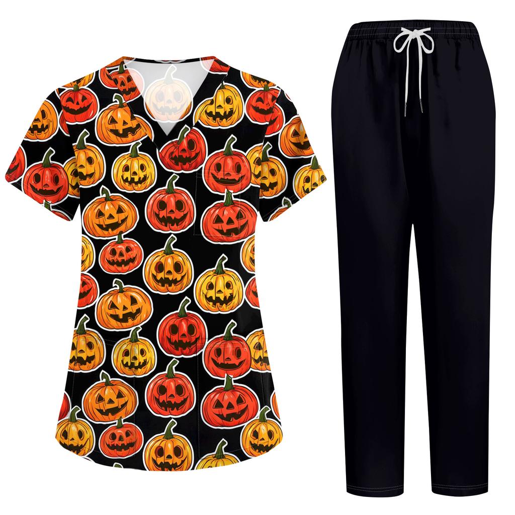 Women's Costume Set Short Sleeve Halloween Print Pocket Top and Pants 2 Piece Work Uniform